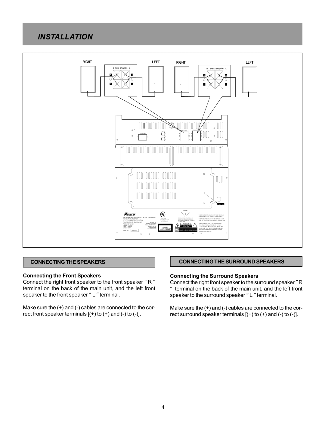 Memorex MX5520SPKA manual Connecting the Speakers, Connecting the Surround Speakers 