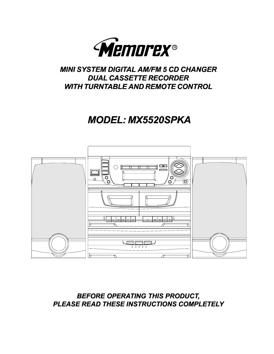 Memorex manual MODEL MX5520SPKA, MINI SYSTEM DIGITAL AM/FM 5 CD CHANGER, Dual Cassette Recorder 