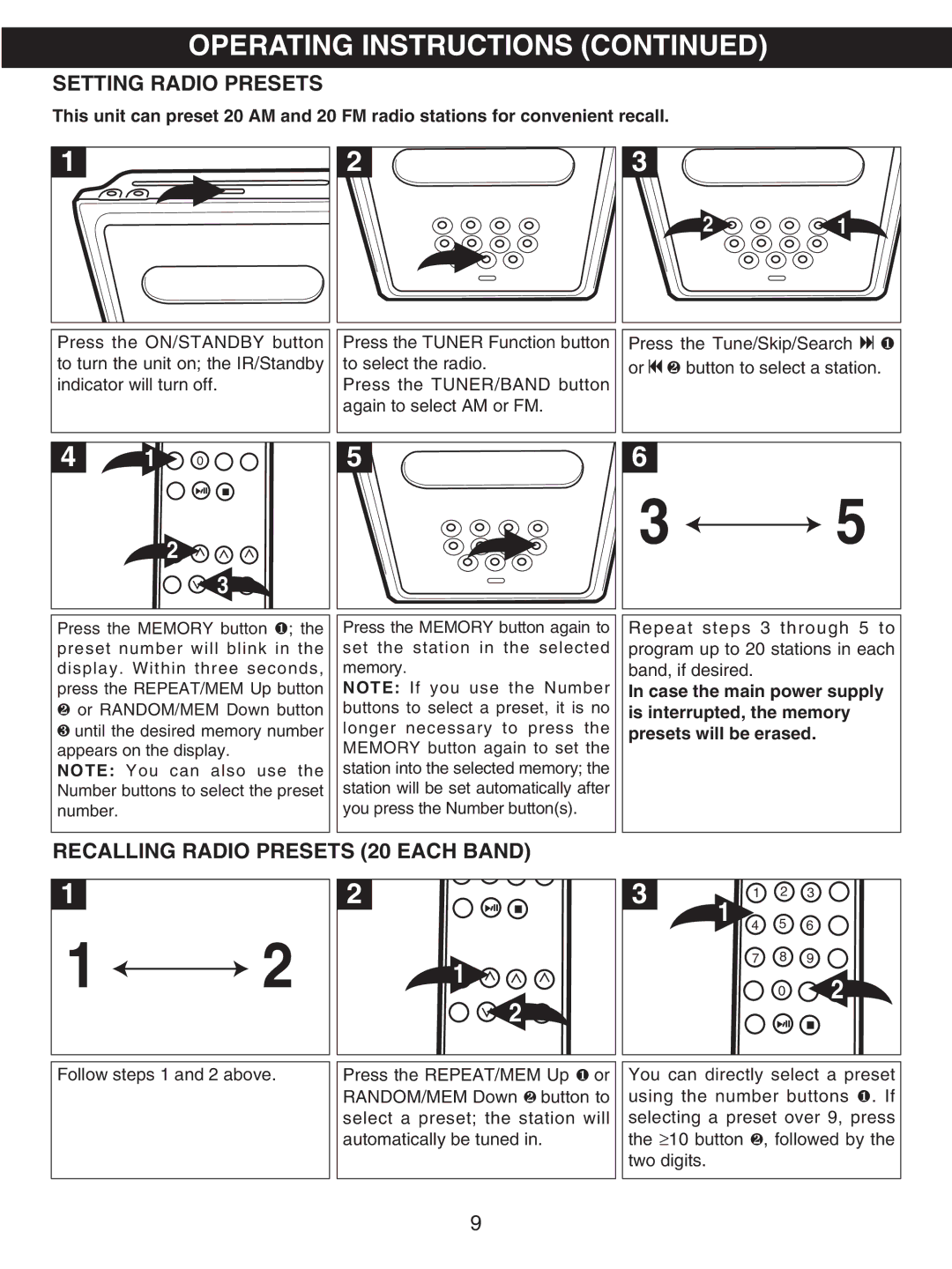 Memorex MX7300 manual Setting Radio Presets, Recalling Radio Presets 20 Each Band 