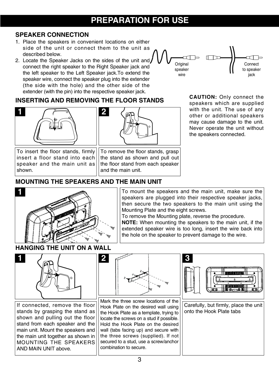 Memorex MX7300 manual Preparation for USE, Speaker Connection, Inserting and Removing the Floor Stands 