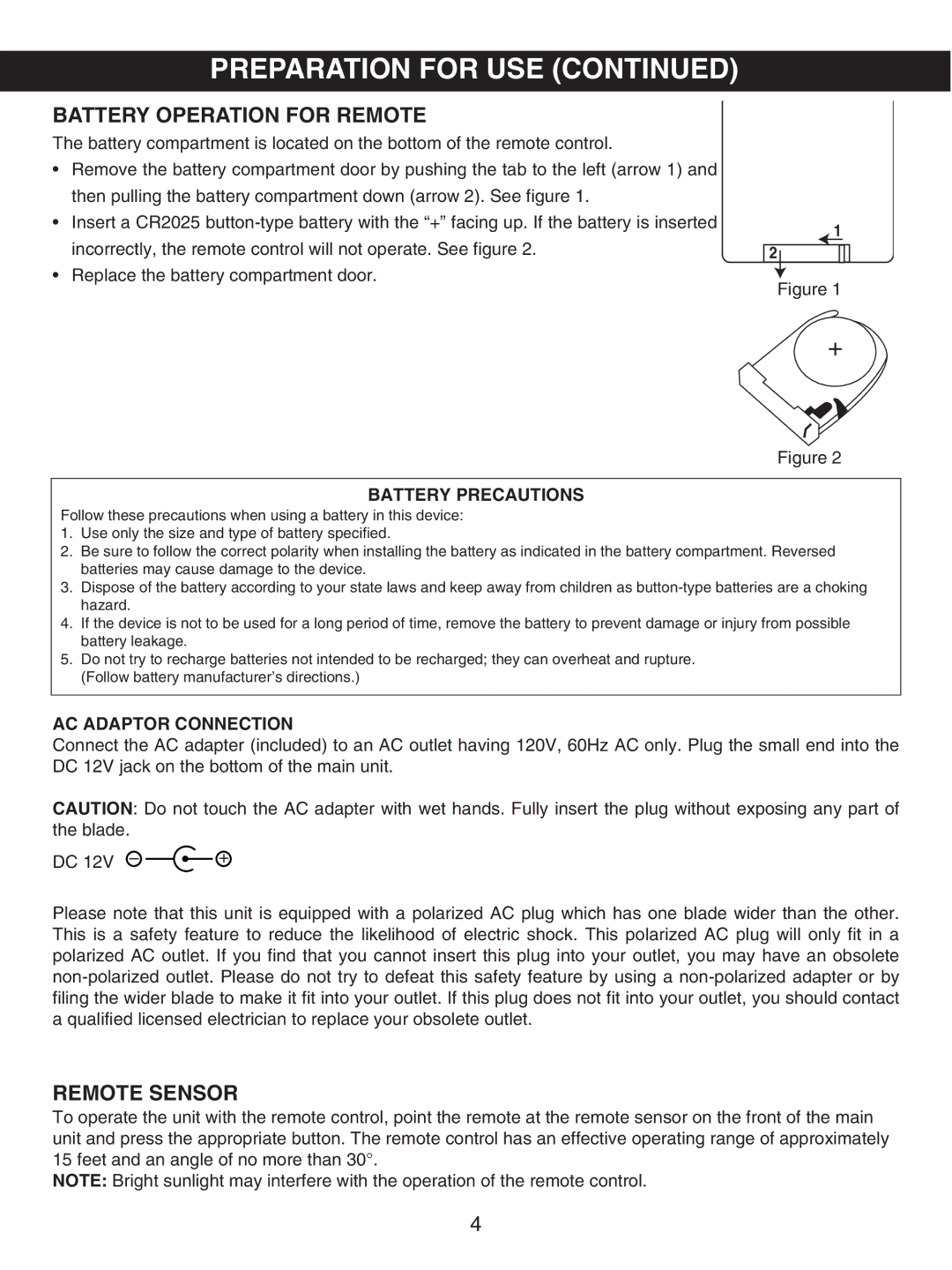 Memorex MX7300 manual Battery Operation for Remote, Remote Sensor 