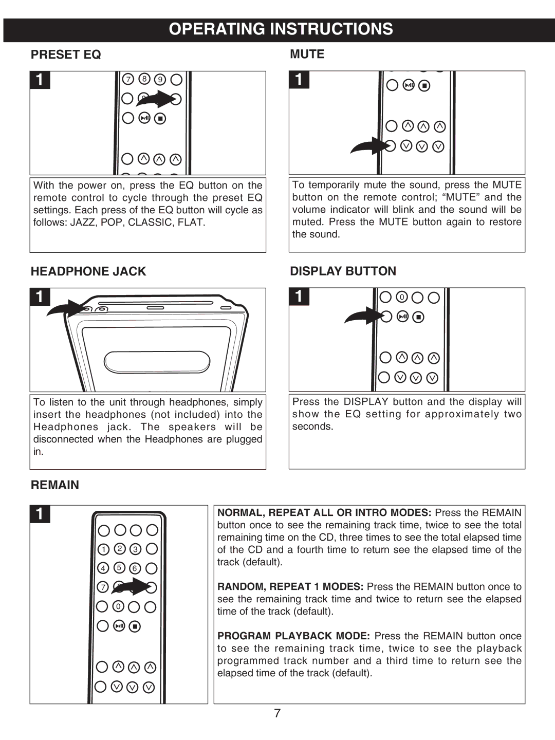 Memorex MX7300 manual Operating Instructions, Preset EQ Mute, Headphone Jack Display Button, Remain 