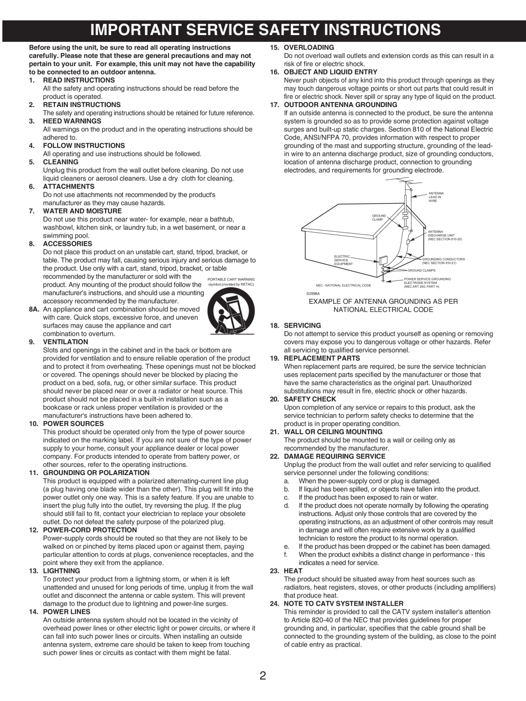 Memorex MX7300 manual Important Service Safety Instructions 