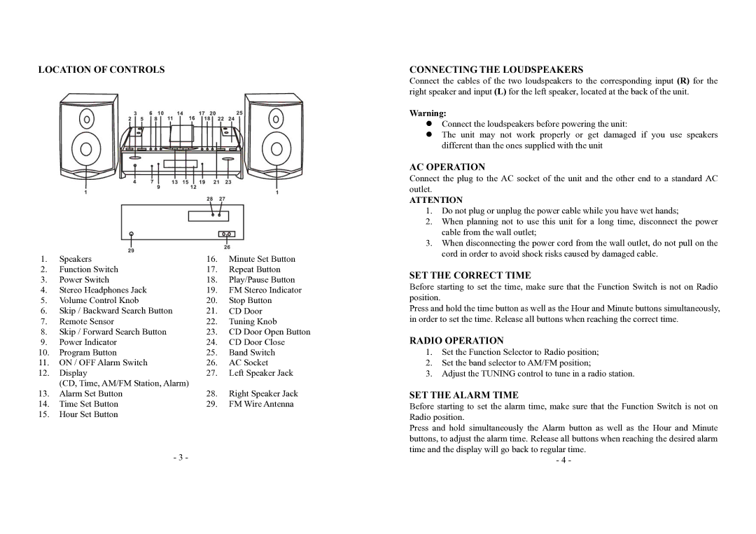 Memorex MX9790 Location of Controls, Connecting the Loudspeakers, AC Operation, SET the Correct Time, Radio Operation 