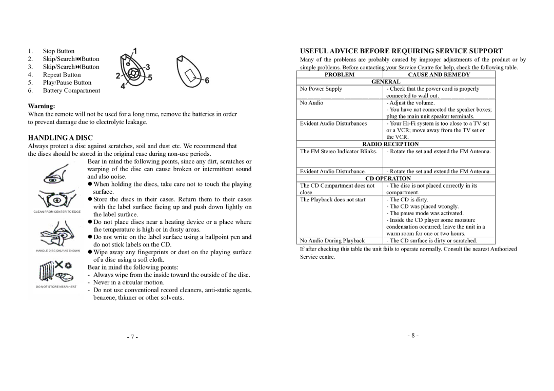 Memorex MX9790 manual Handling a Disc, Useful Advice Before Requiring Service Support 