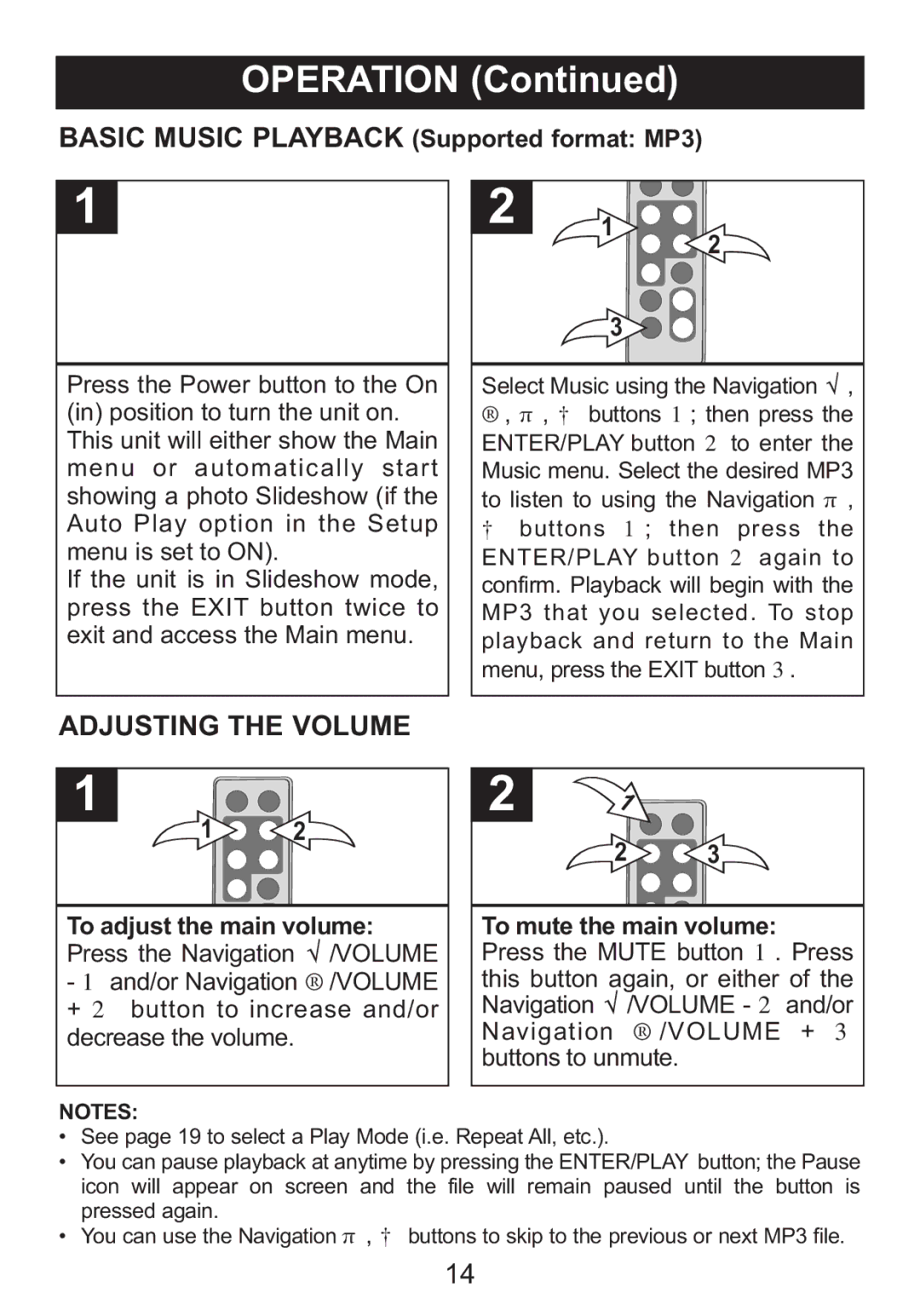 Memorex portable user user service Adjusting the Volume, Basic Music Playback Supported format MP3 