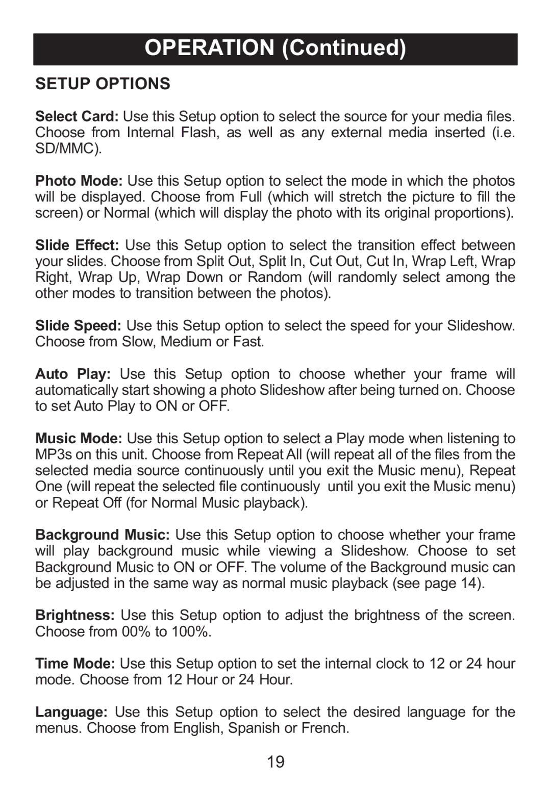 Memorex portable user user service Setup Options 