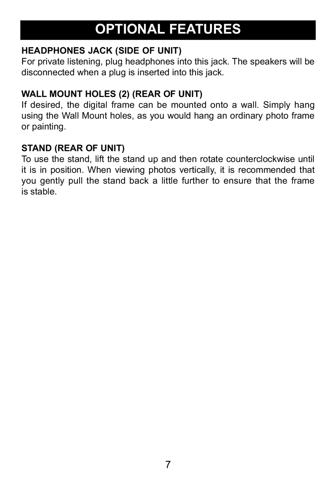 Memorex portable user user service Headphones Jack Side of Unit, Wall Mount Holes 2 Rear of Unit, Stand Rear of Unit 