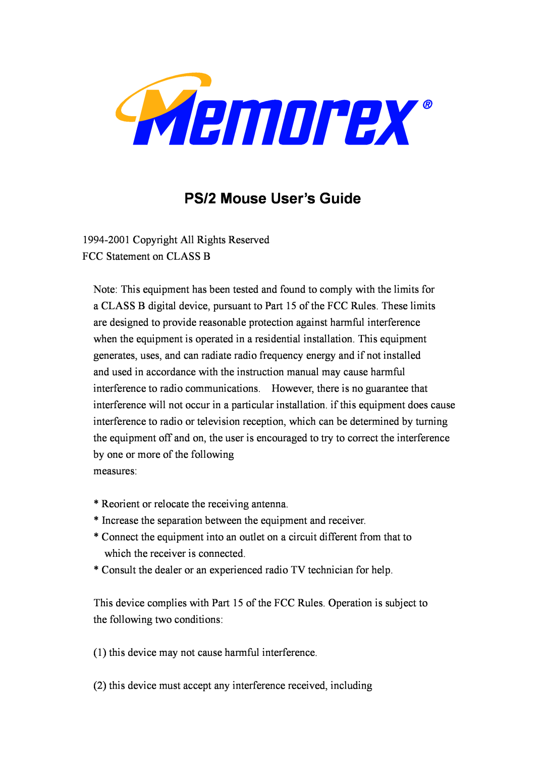 Memorex instruction manual PS/2 Mouse User’s Guide 
