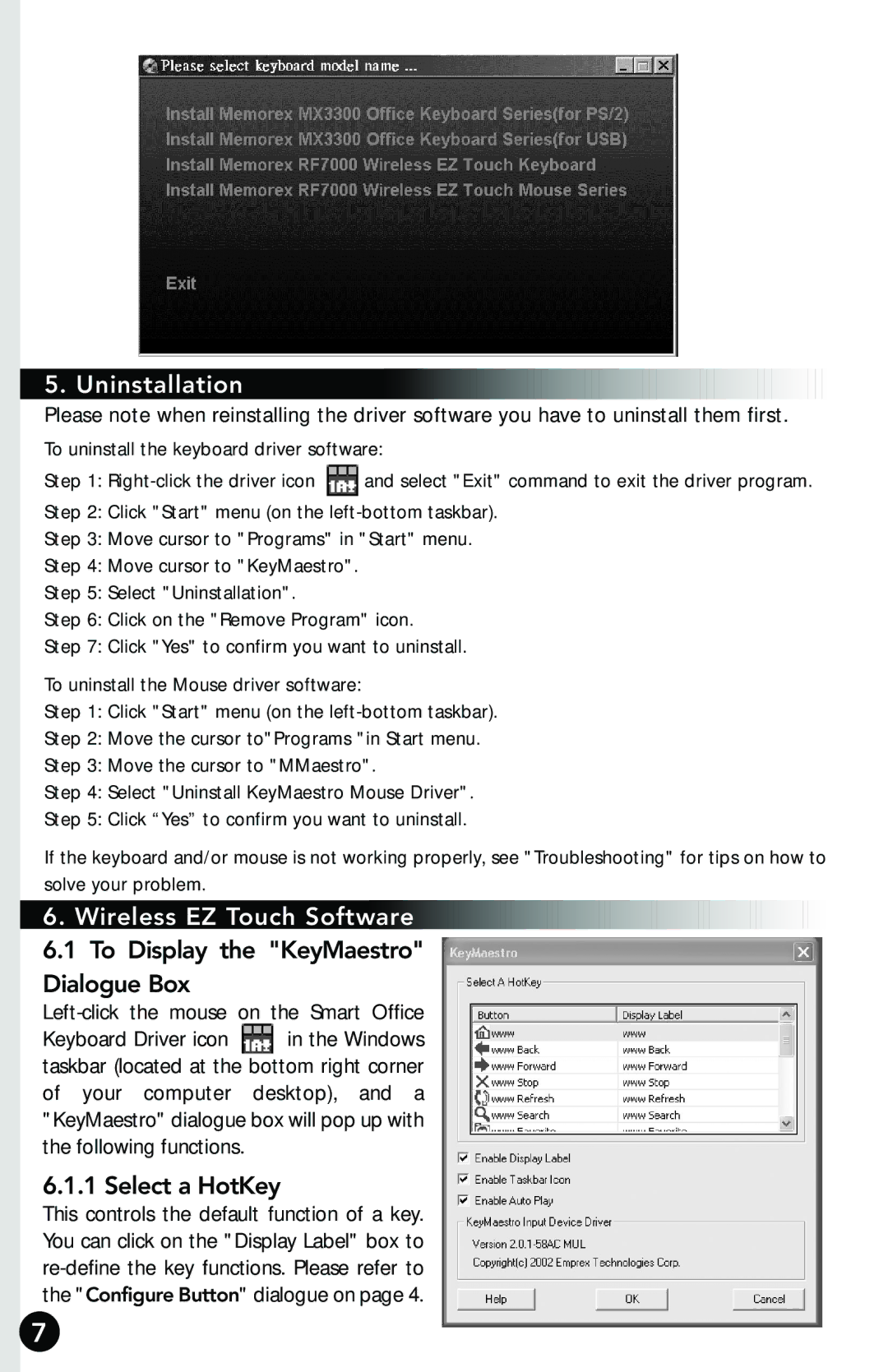 Memorex RF7000 Uninstallation, Wireless EZ Touch Software 6.1 To Display the KeyMaestro, Dialogue Box, Select a HotKey 