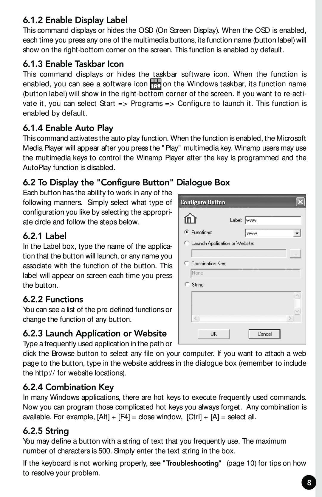 Memorex RF7000 Enable Display Label, Enable Taskbar Icon, Enable Auto Play, To Display the Configure Button Dialogue Box 