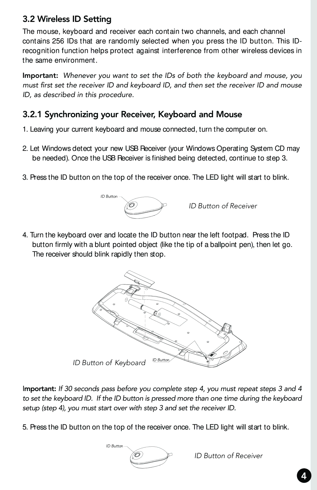 Memorex RF7000 manual Wireless ID Setting, Synchronizing your Receiver, Keyboard and Mouse 