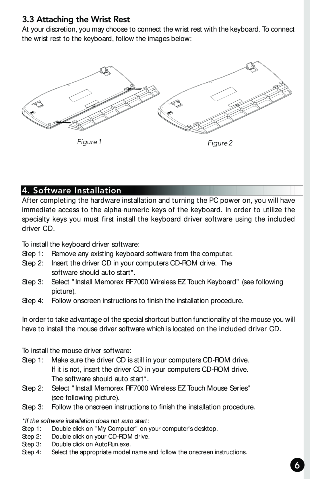 Memorex RF7000 manual Software Installation, Attaching the Wrist Rest 