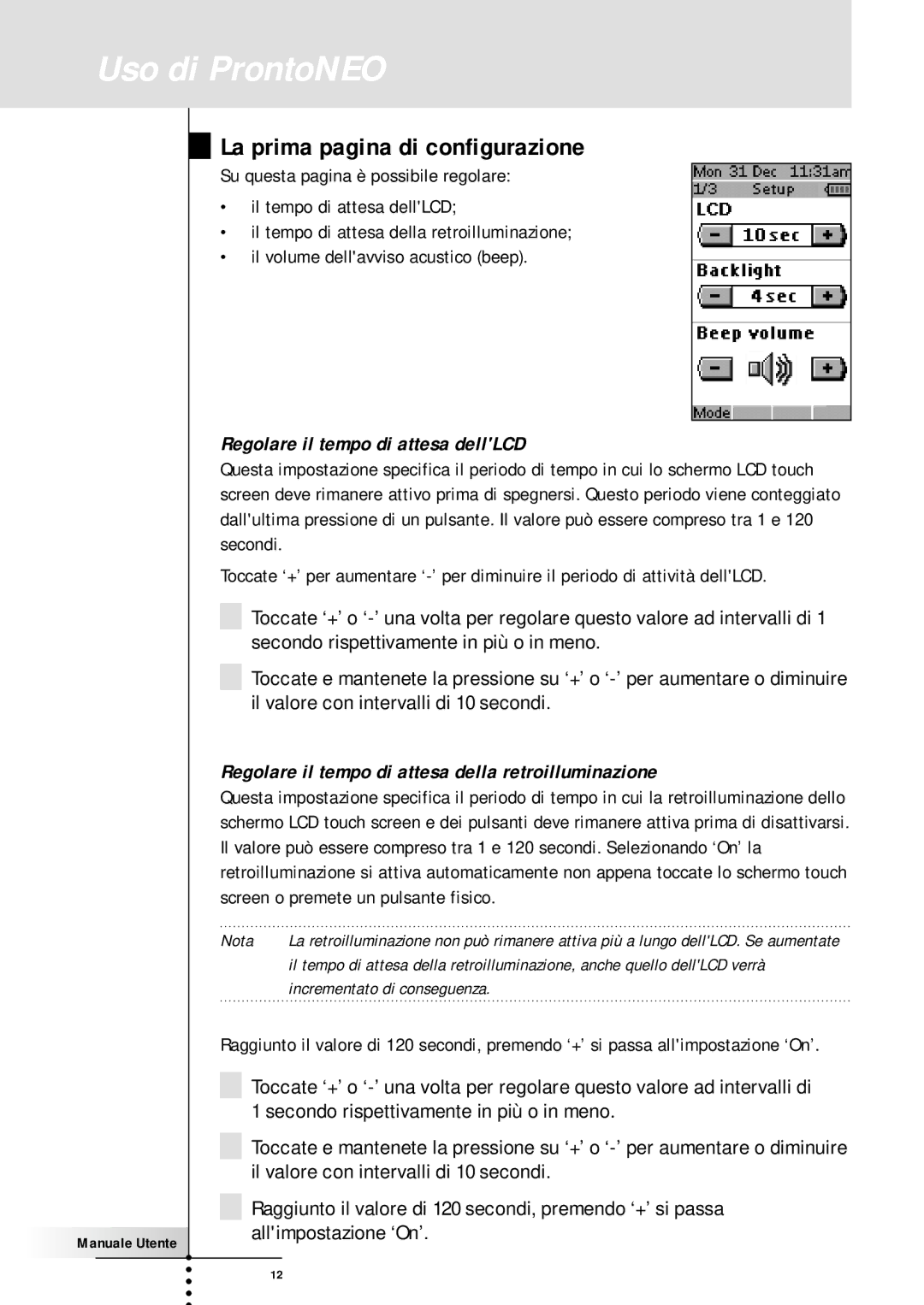 Memorex SBC RU 930 manual La prima pagina di configurazione, Regolare il tempo di attesa dellLCD 