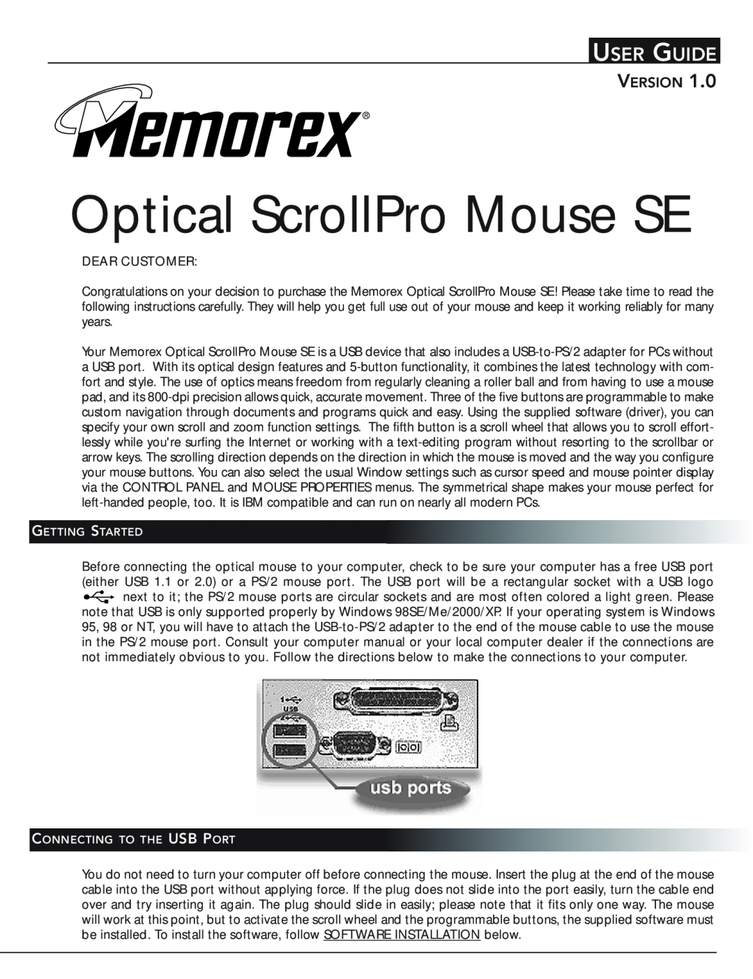 Memorex manual Optical ScrollPro Mouse SE, User Guide, Version 