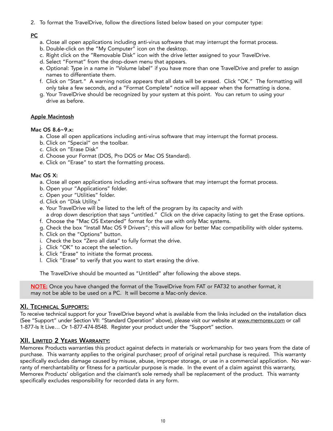 Memorex Travel Drive manual XI. Technical Supports XII. Limited 2 Years Warranty 