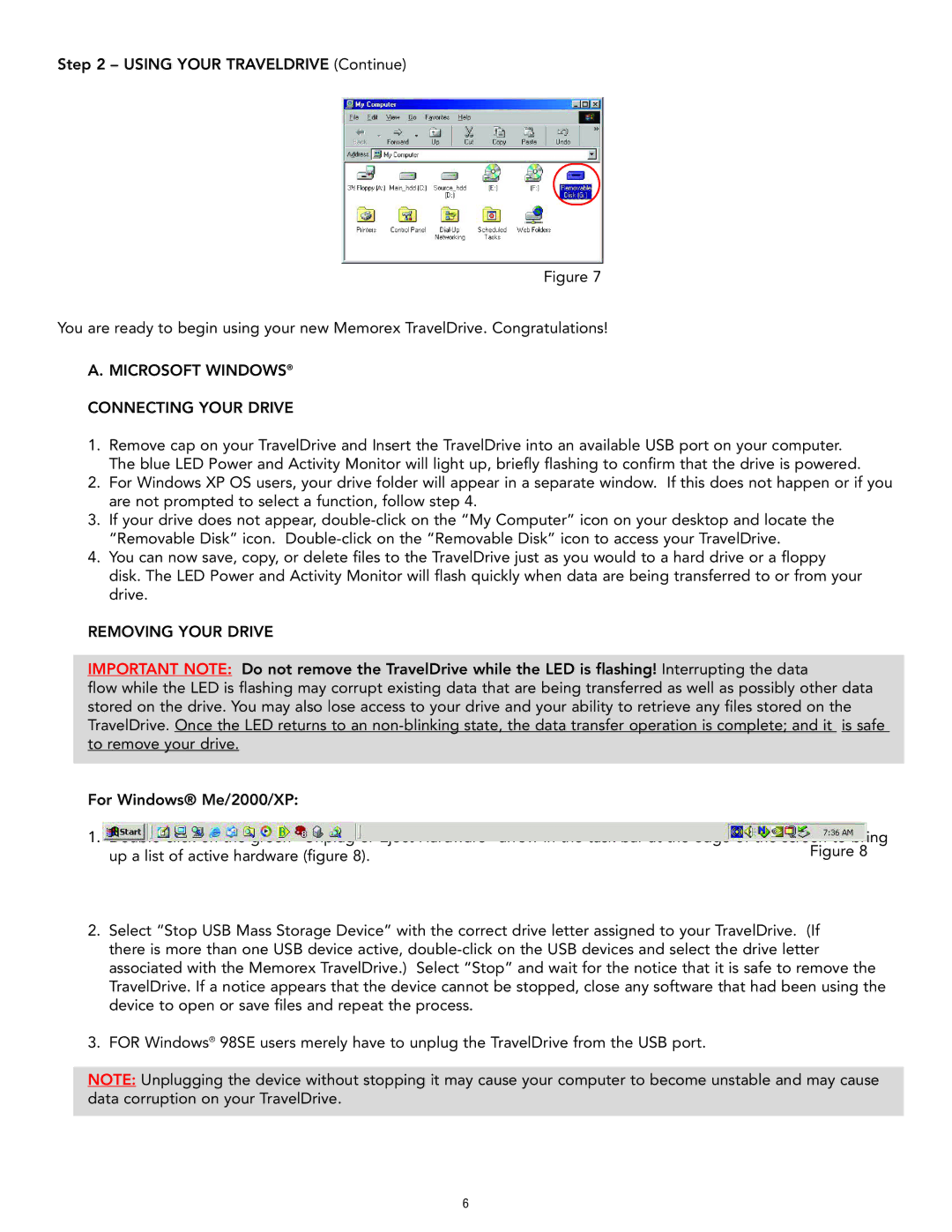 Memorex Travel Drive manual Microsoft Windows Connecting Your Drive, Removing Your Drive 