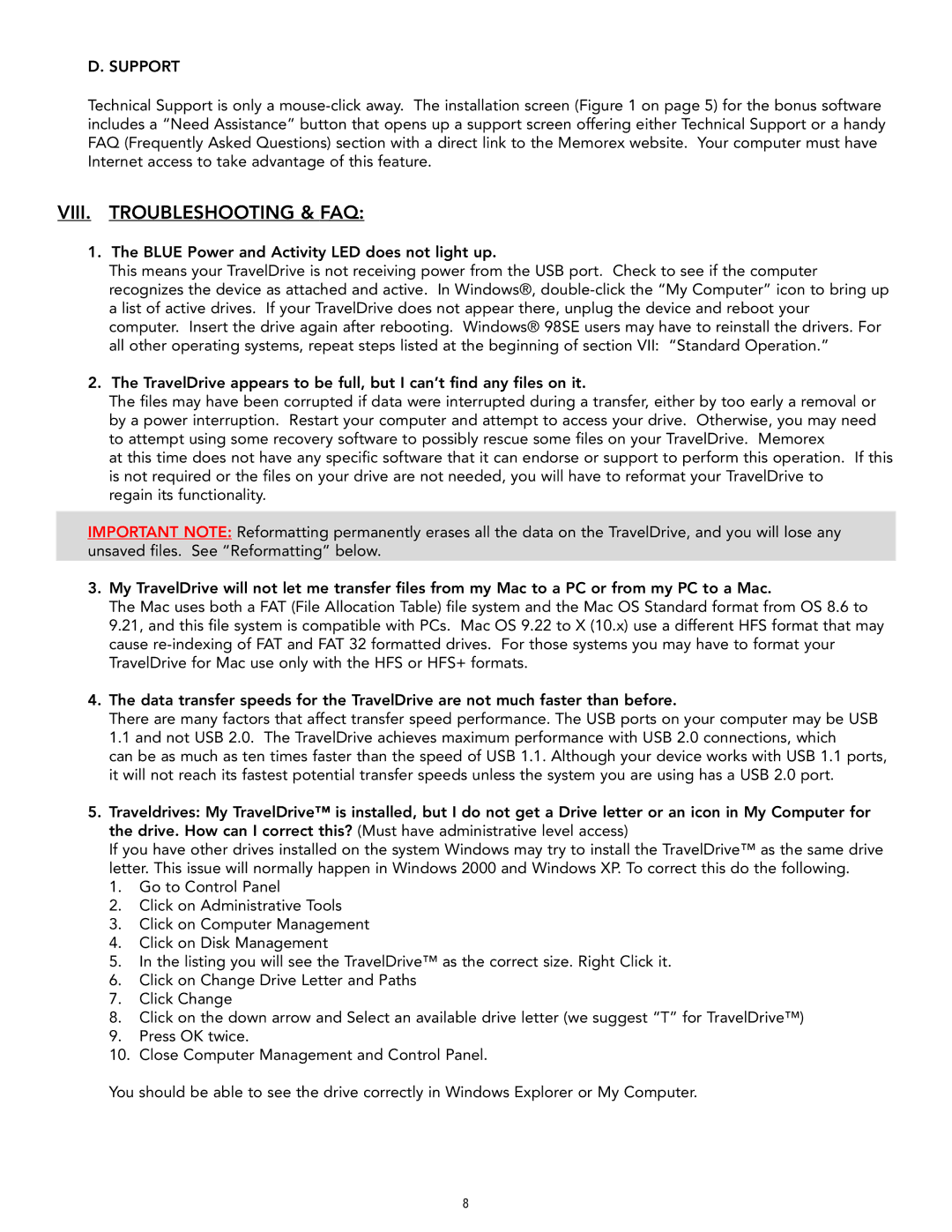 Memorex Travel Drive manual VIII. Troubleshooting & FAQ, Support 