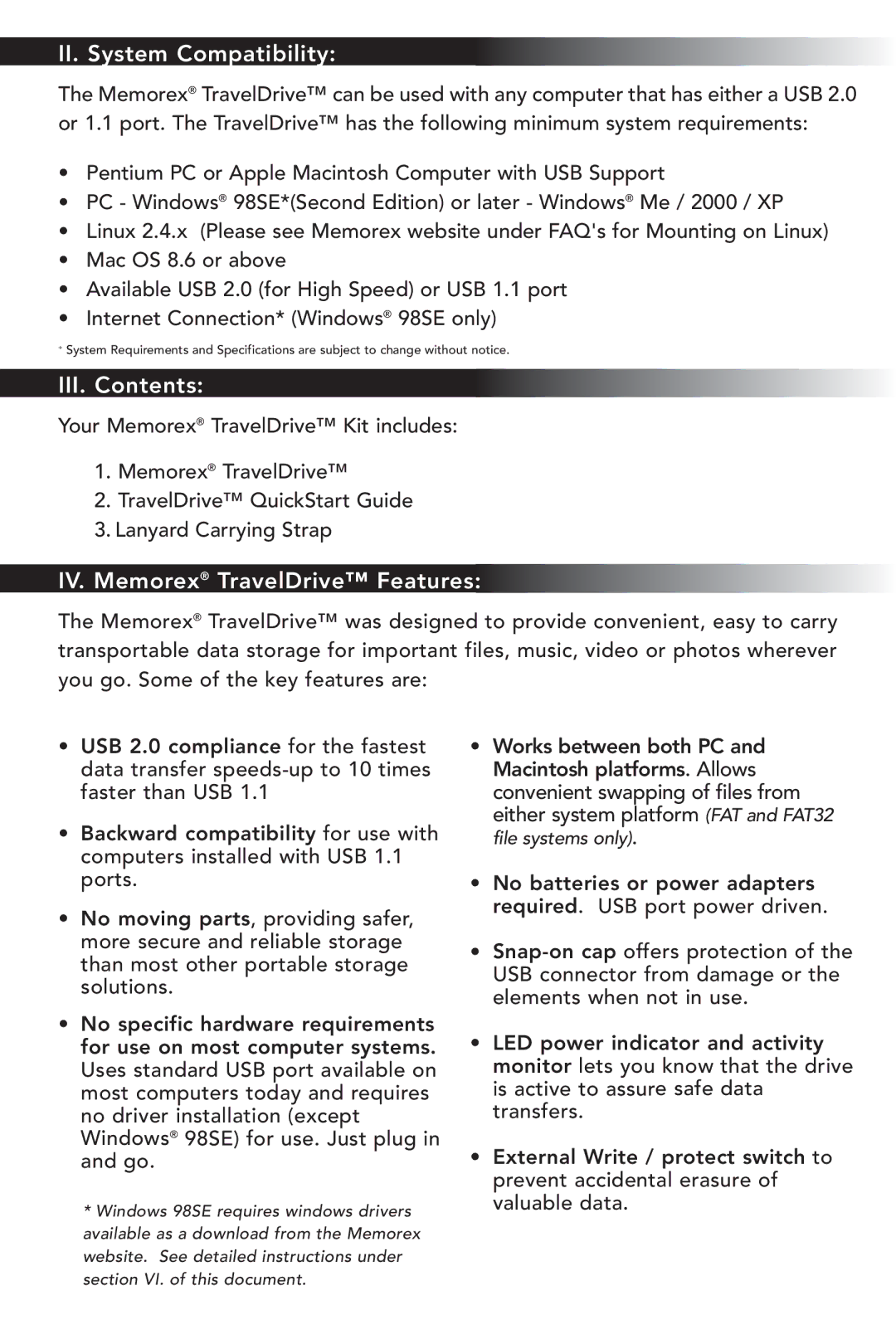 Memorex TravelDrive USB 2.0 manual II. System Compatibility, III. Contents 