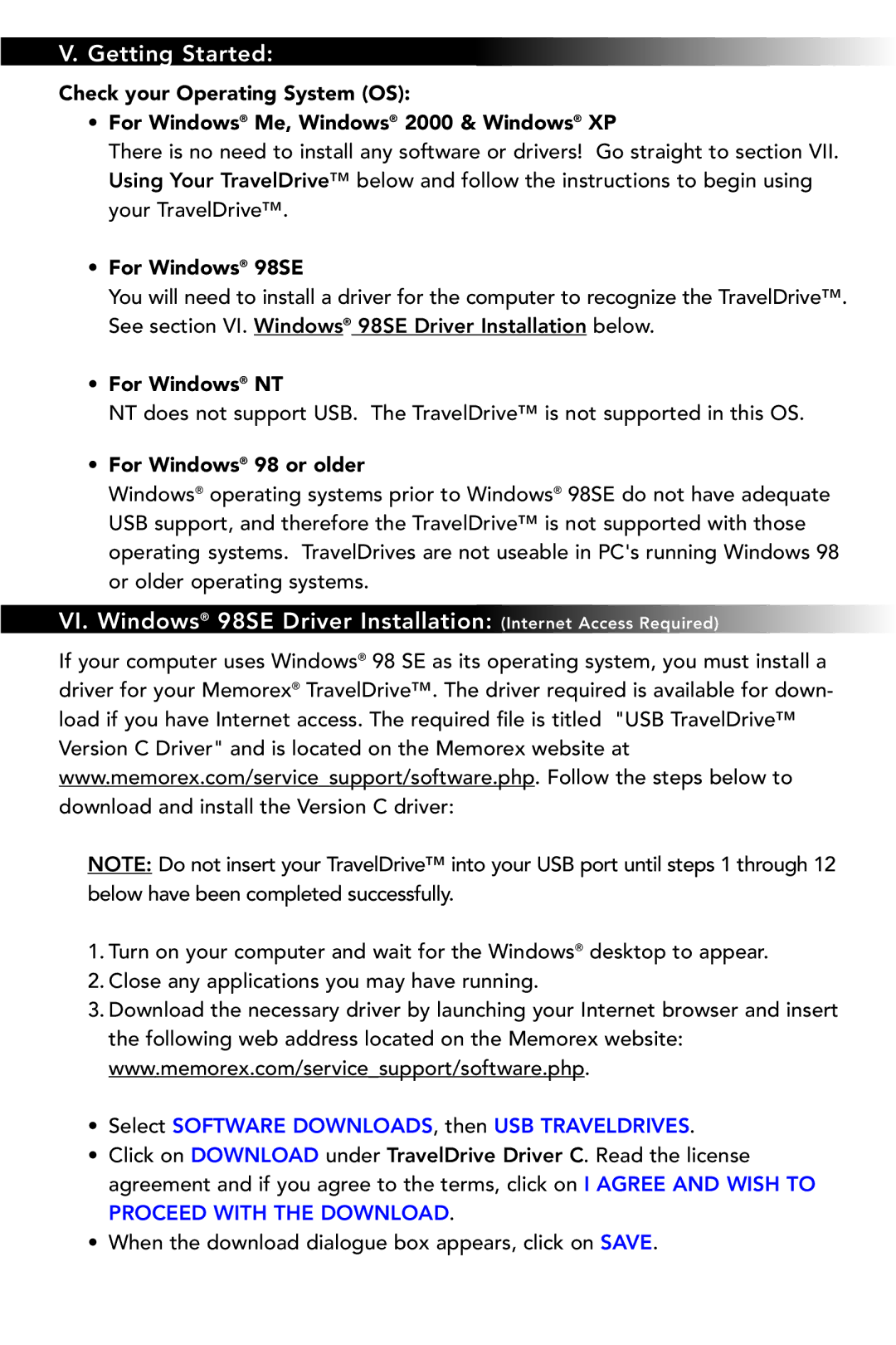 Memorex TravelDrive USB 2.0 manual Getting Started, VI. Windows 98SE Driver Installation 