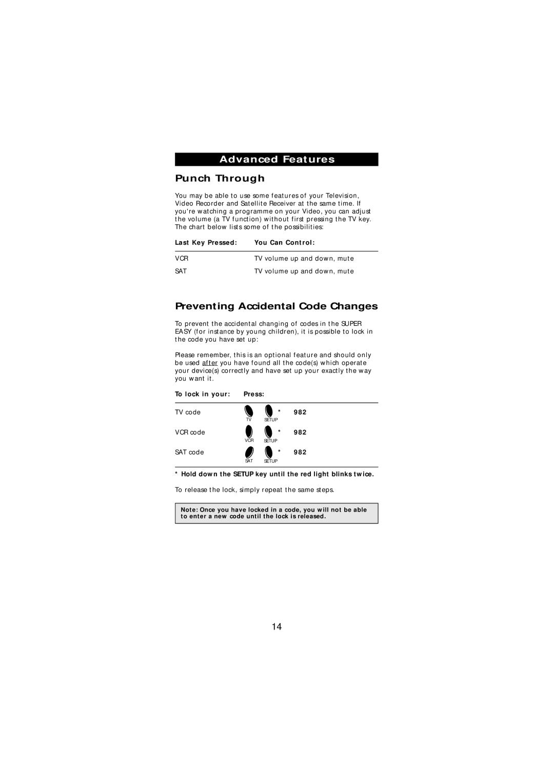 Memorex URC-3550 manual Punch Through, Preventing Accidental Code Changes 