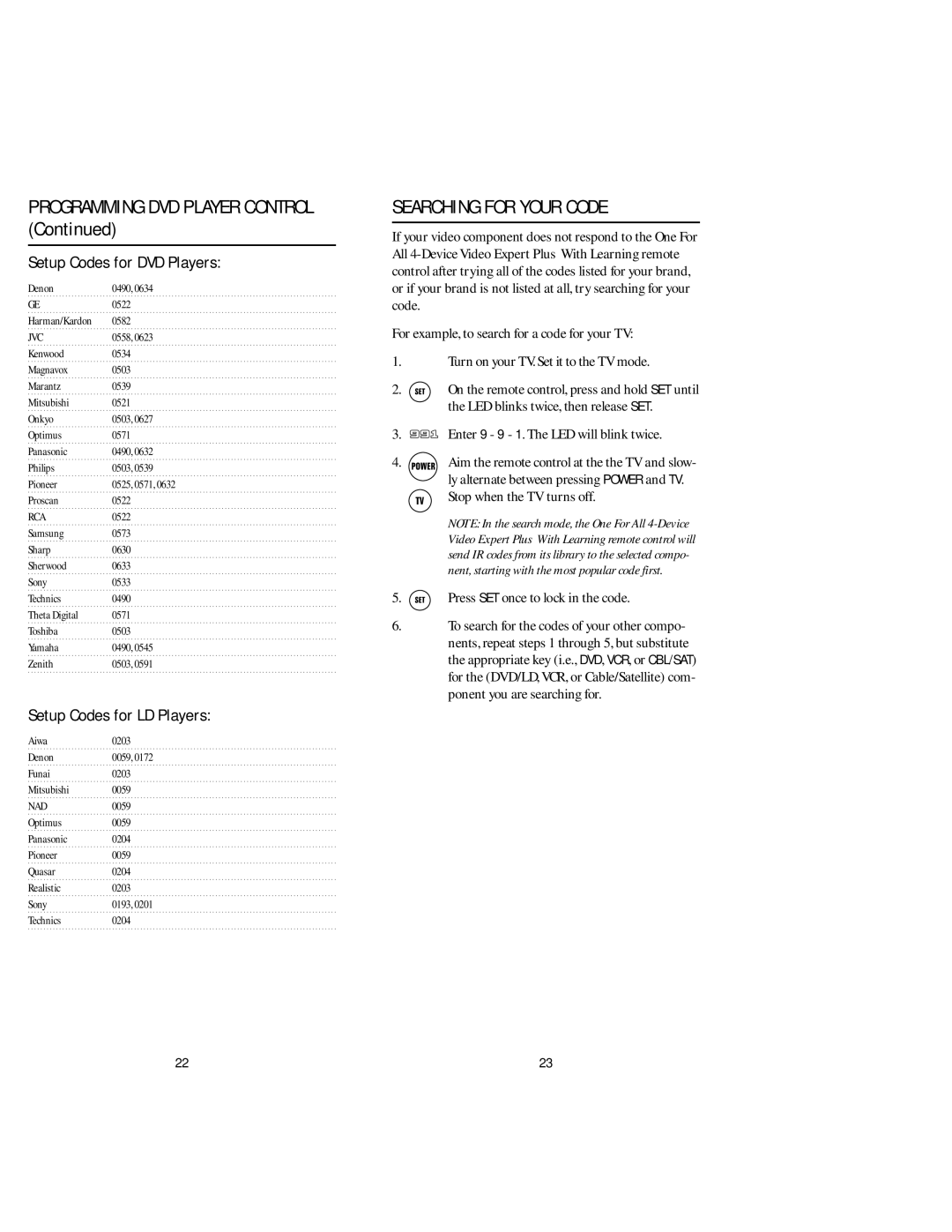 Memorex URC 4880 manual Searching for Your Code, Setup Codes for DVD Players, Setup Codes for LD Players 