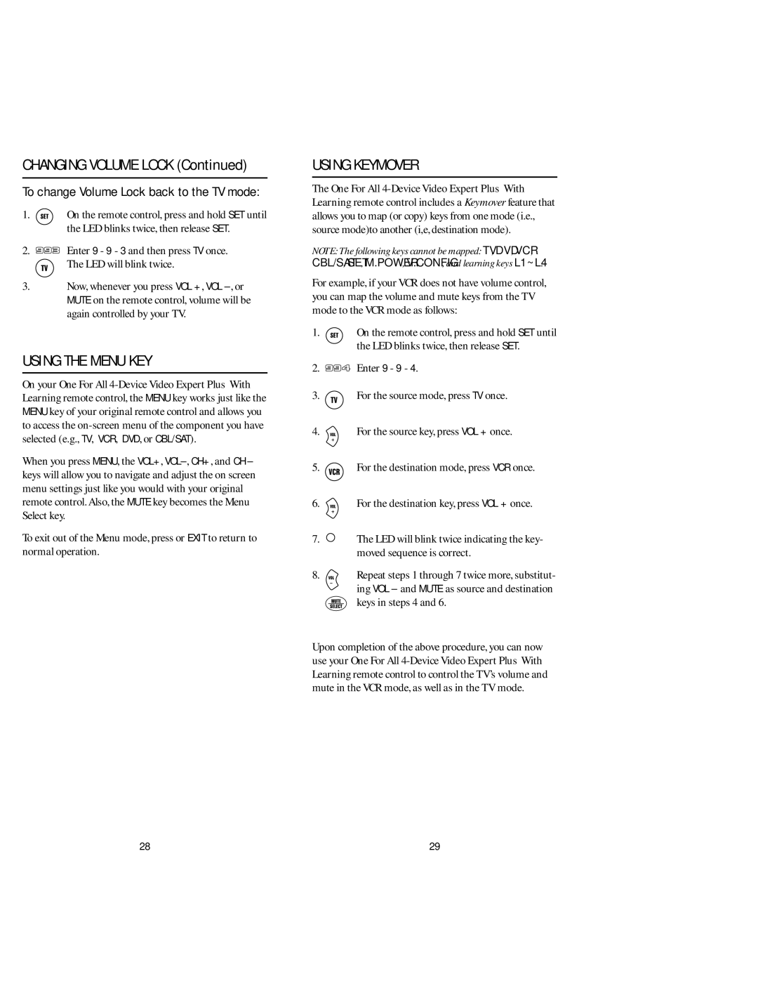 Memorex URC 4880 manual Using the Menu KEY, Using Keymover, Changing Volume Lock 