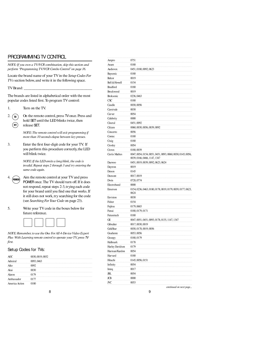 Memorex URC 4880 manual Programming TV Control, Setup Codes for TVs, TV Brand 