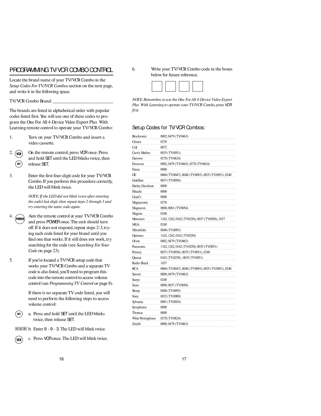 Memorex URC 4880 manual Setup Codes for TV/VCR Combos, Programming TV/VCR Combo Control 