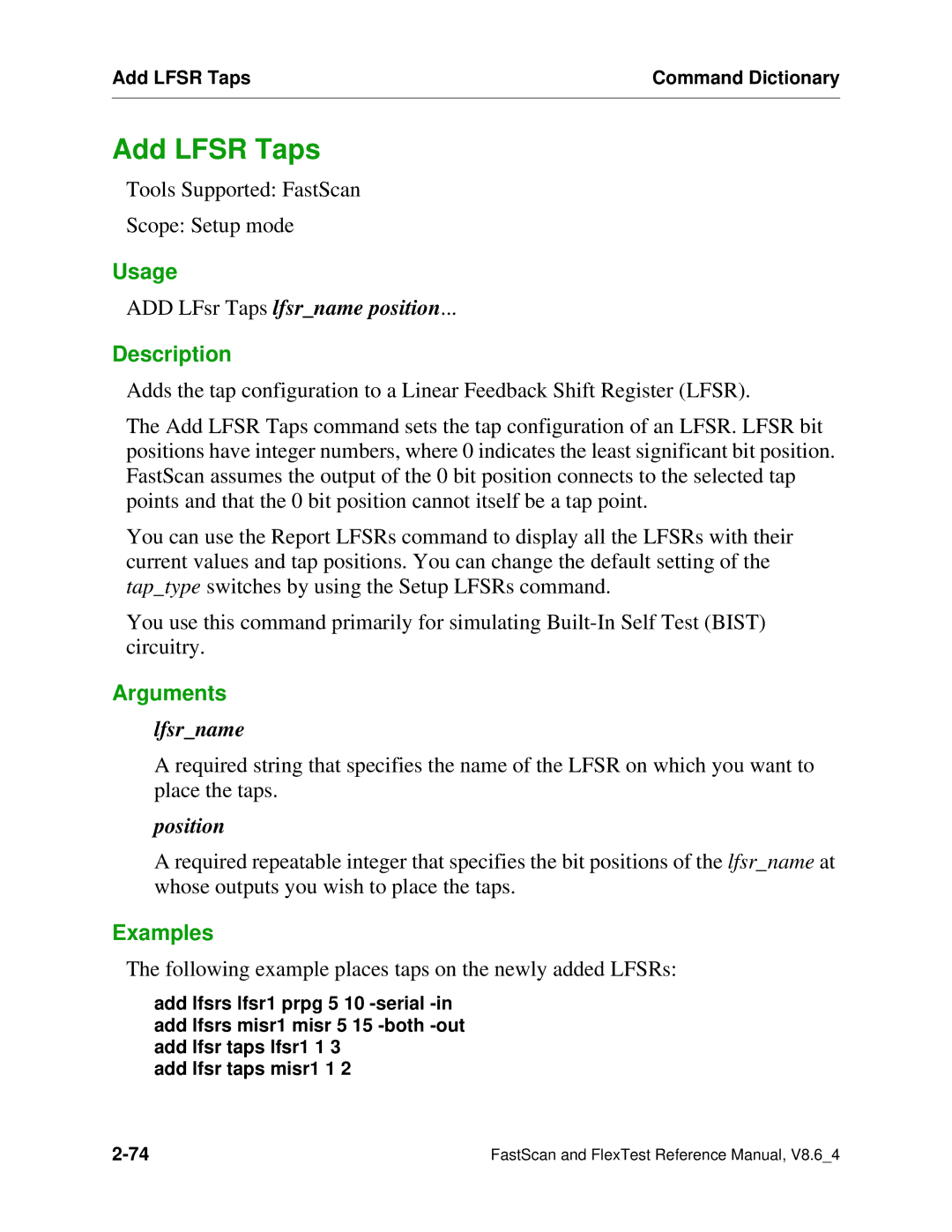 Mentor v8.6_4 manual Add Lfsr Taps, ADD LFsr Taps lfsrname position 