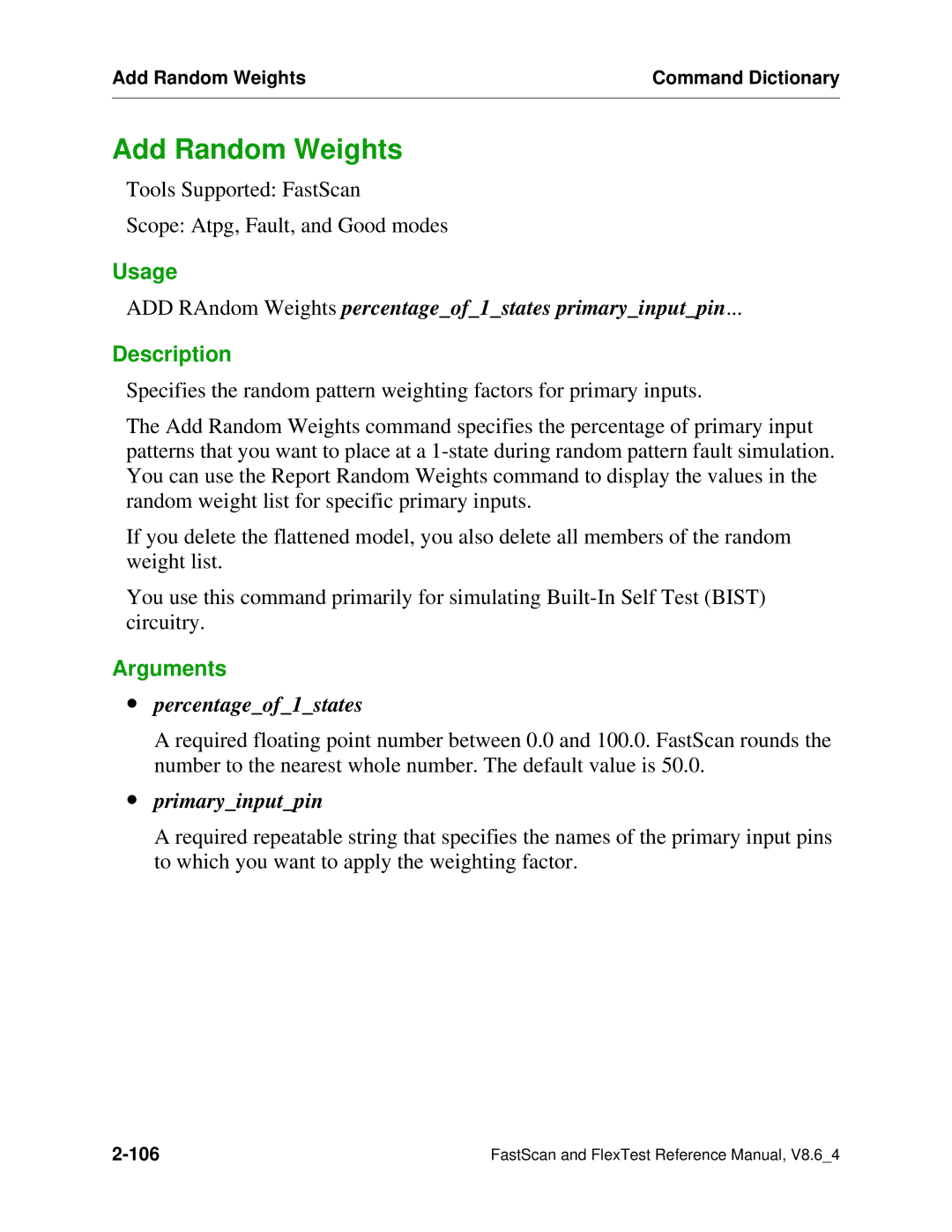 Mentor v8.6_4 manual Add Random Weights, ADD RAndom Weights percentageof1states primaryinputpin, ∙ percentageof1states 