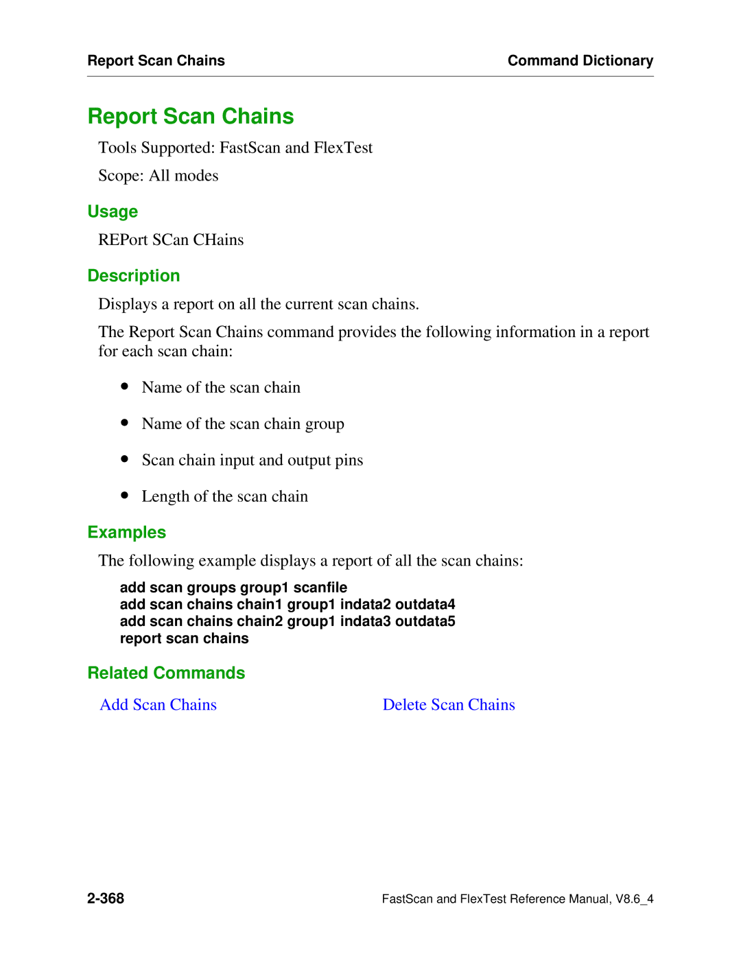 Mentor v8.6_4 manual Report Scan Chains, Following example displays a report of all the scan chains 