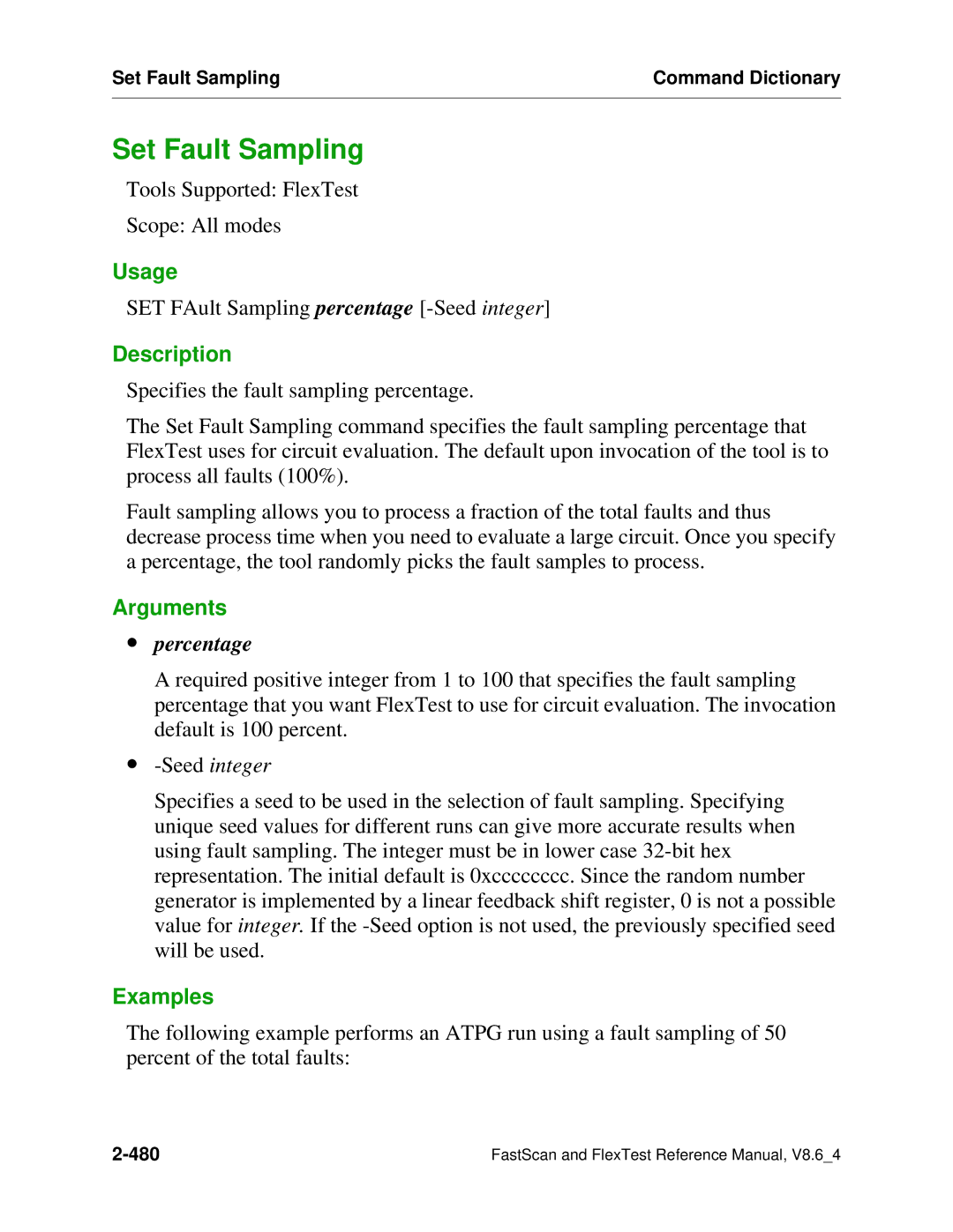 Mentor v8.6_4 manual Set Fault Sampling, ∙ percentage, ∙ -Seedinteger 