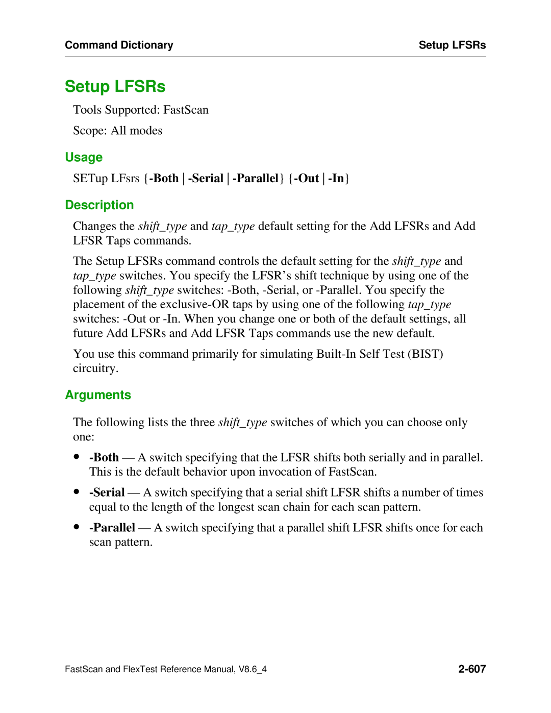 Mentor v8.6_4 manual Setup LFSRs, SETup LFsrs -Both -Serial -Parallel-Out -In 