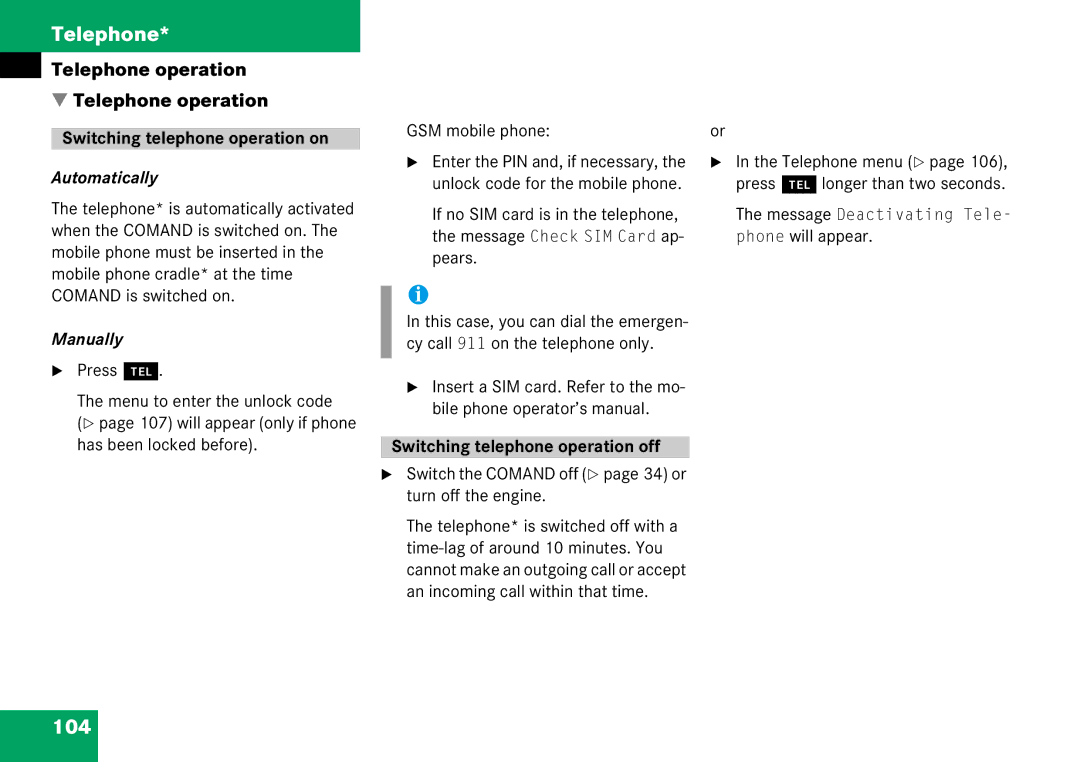 Mercedes-Benz 6515 6786 13 manual 104, Switching telephone operation on, Automatically, Manually 
