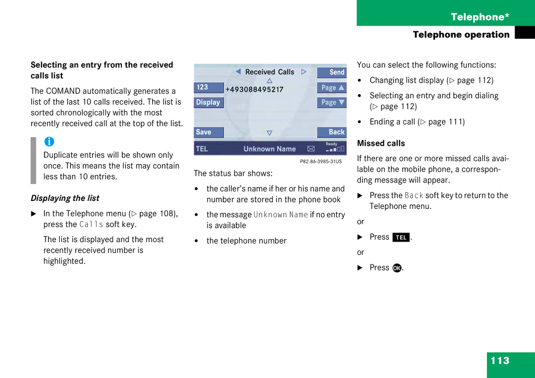 Mercedes-Benz 6515 6786 13 manual 113, Selecting an entry from the received calls list, Missed calls 