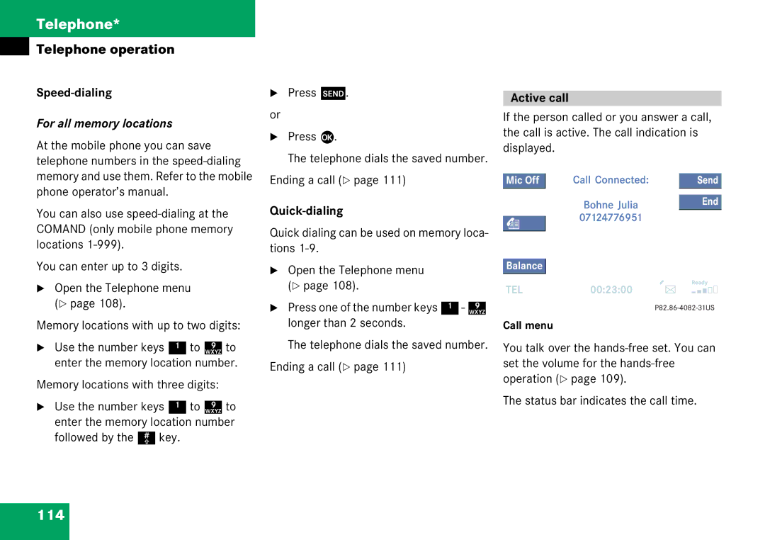 Mercedes-Benz 6515 6786 13 manual 114, Speed-dialing, For all memory locations, Active call, Quick-dialing 