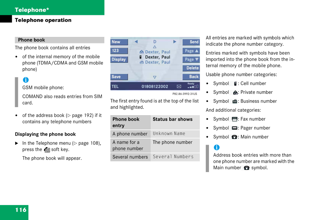 Mercedes-Benz 6515 6786 13 manual 116, Displaying the phone book, Phone book Status bar shows Entry 