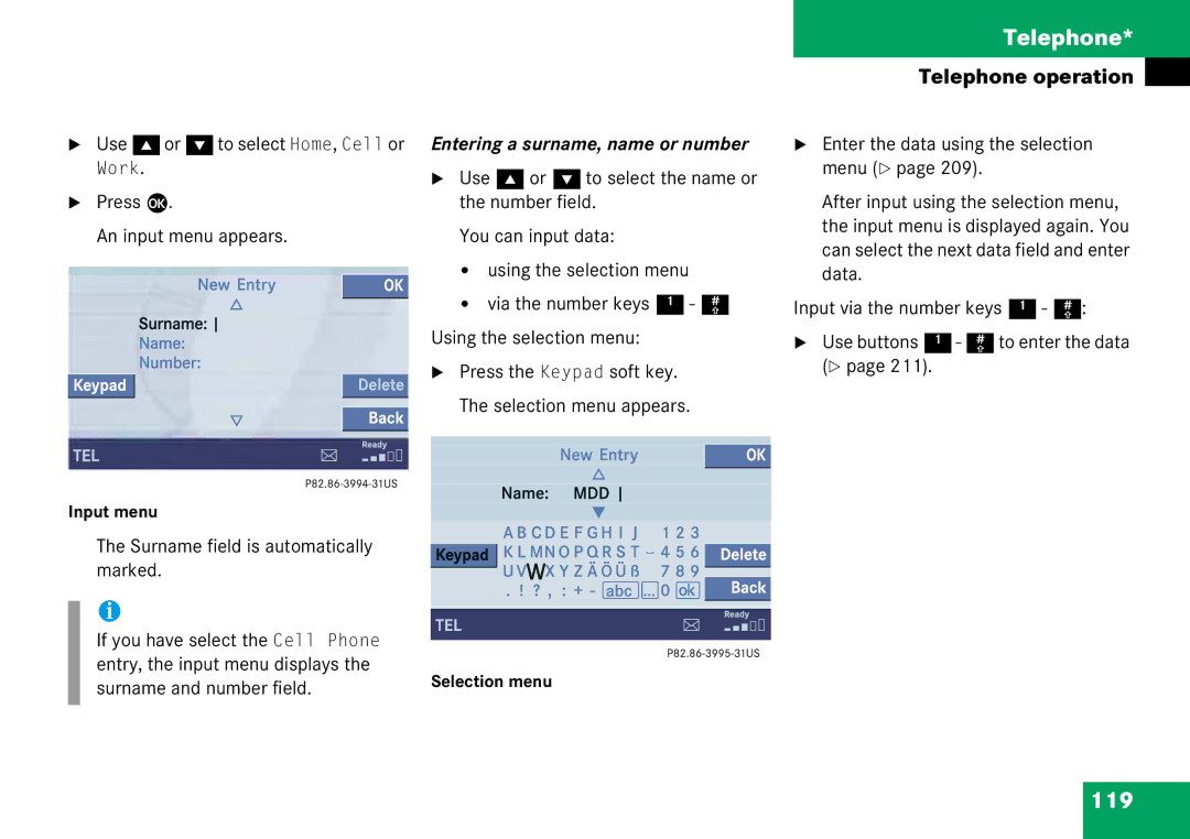 Mercedes-Benz 6515 6786 13 manual 119, Entering a surname, name or number, Surname and number field 