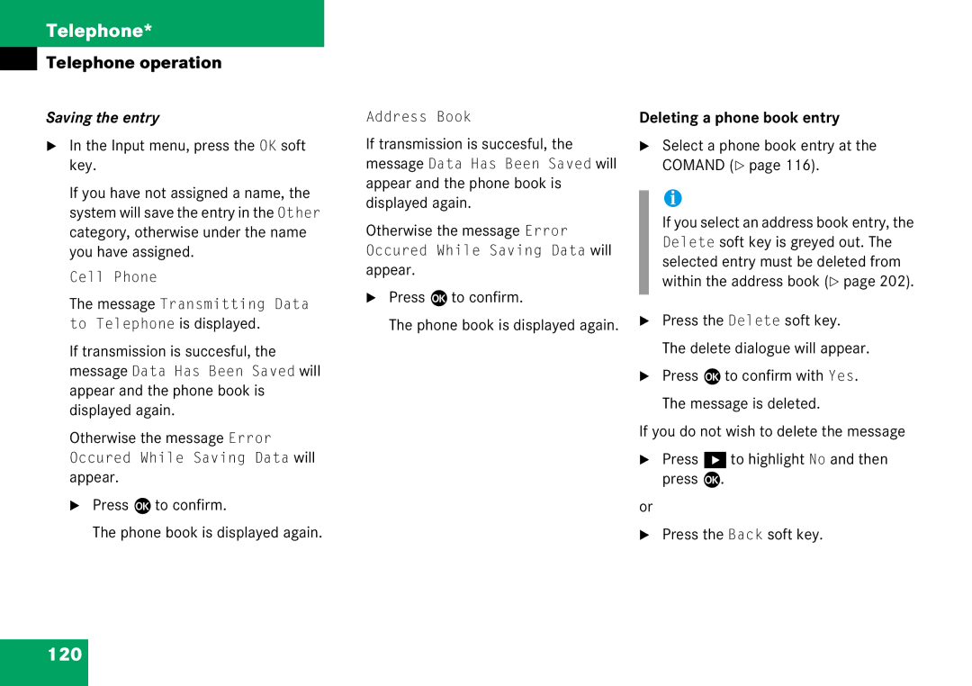 Mercedes-Benz 6515 6786 13 manual 120, Saving the entry, Deleting a phone book entry 