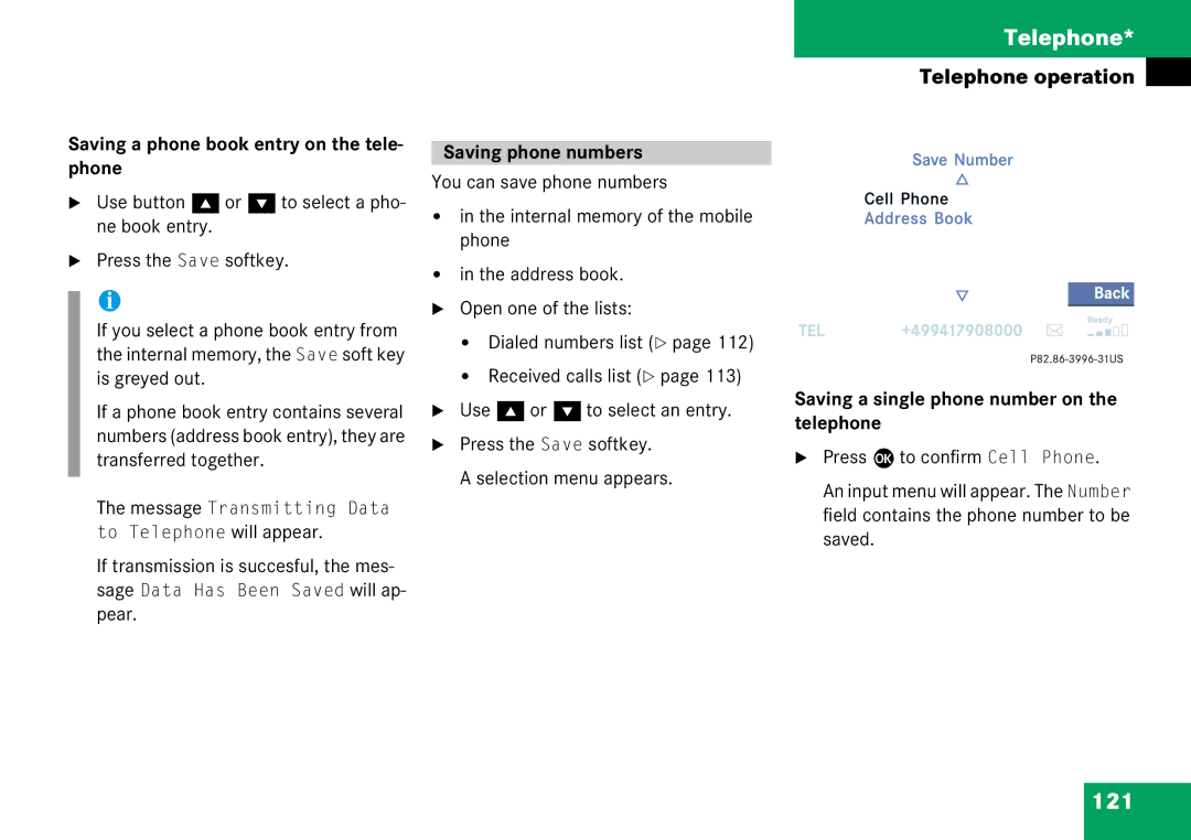 Mercedes-Benz 6515 6786 13 manual 121, Saving a phone book entry on the tele- phone, Saving phone numbers 