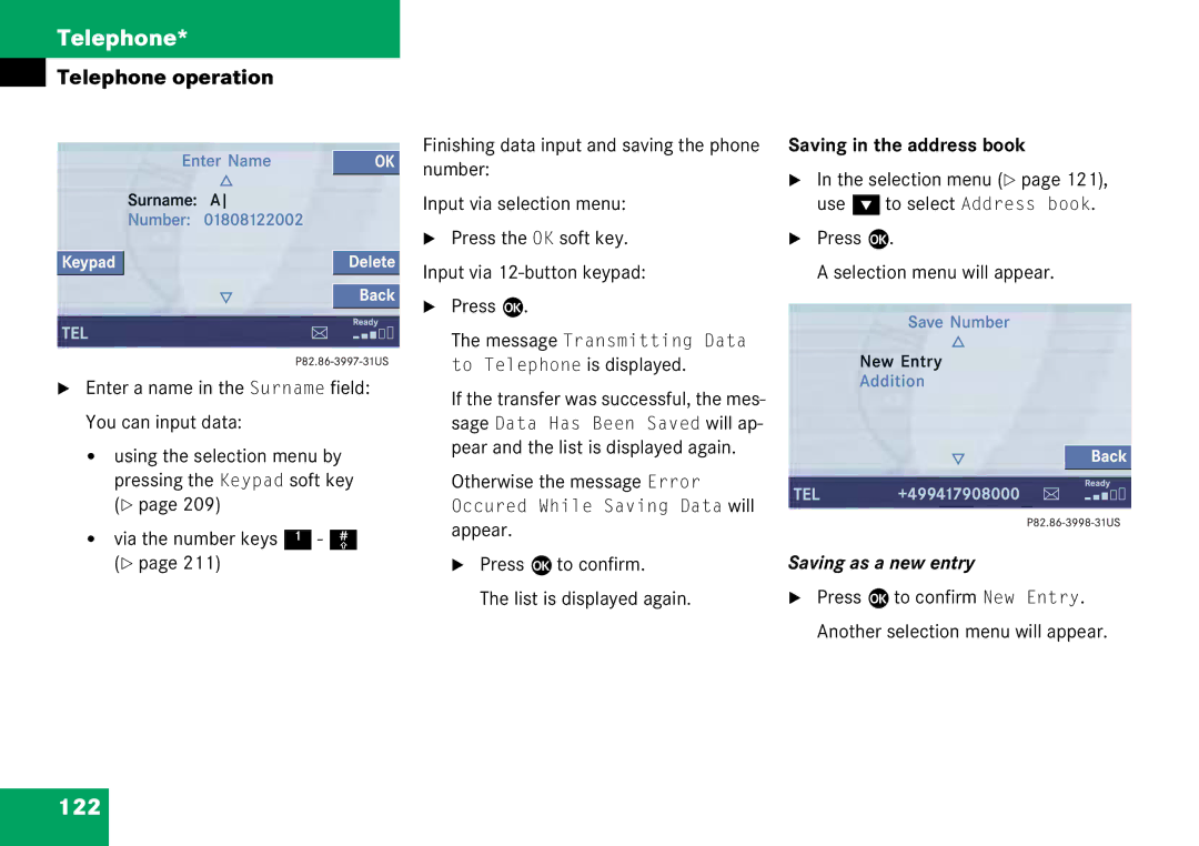 Mercedes-Benz 6515 6786 13 manual 122, Appear Press E to confirm List is displayed again, Saving in the address book 