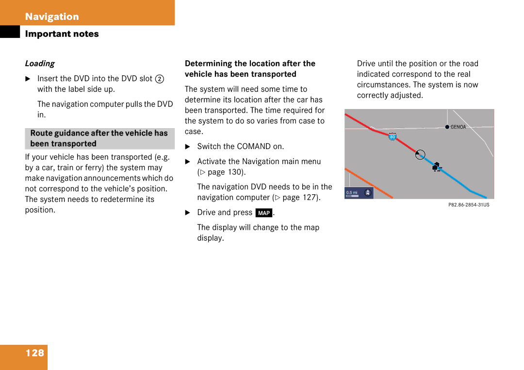 Mercedes-Benz 6515 6786 13 manual 128, Loading, Route guidance after the vehicle has been transported 