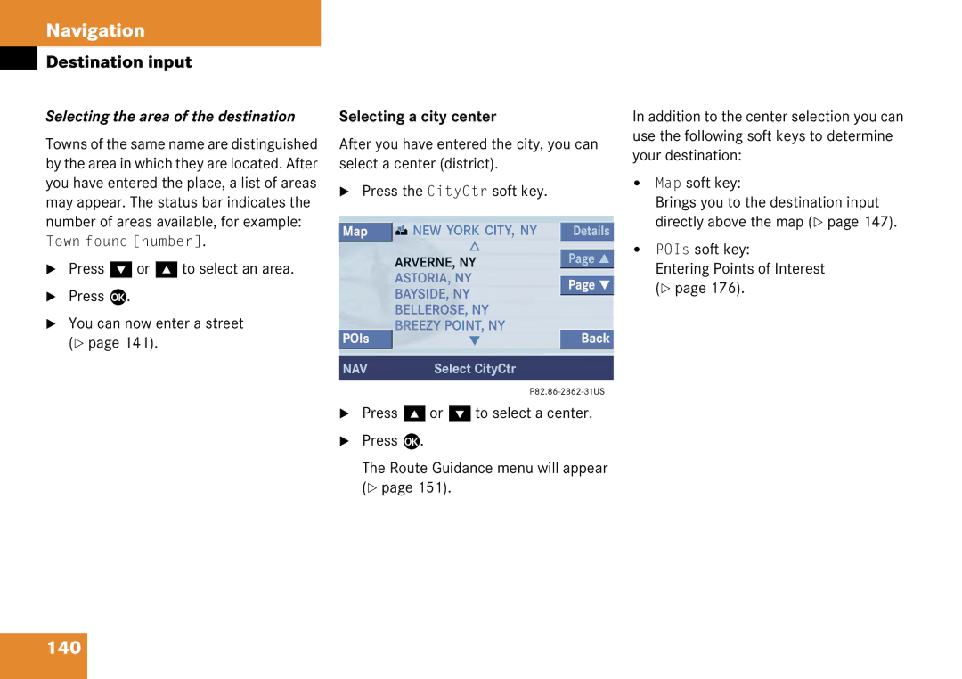 Mercedes-Benz 6515 6786 13 manual 140, Selecting the area of the destination, Selecting a city center 