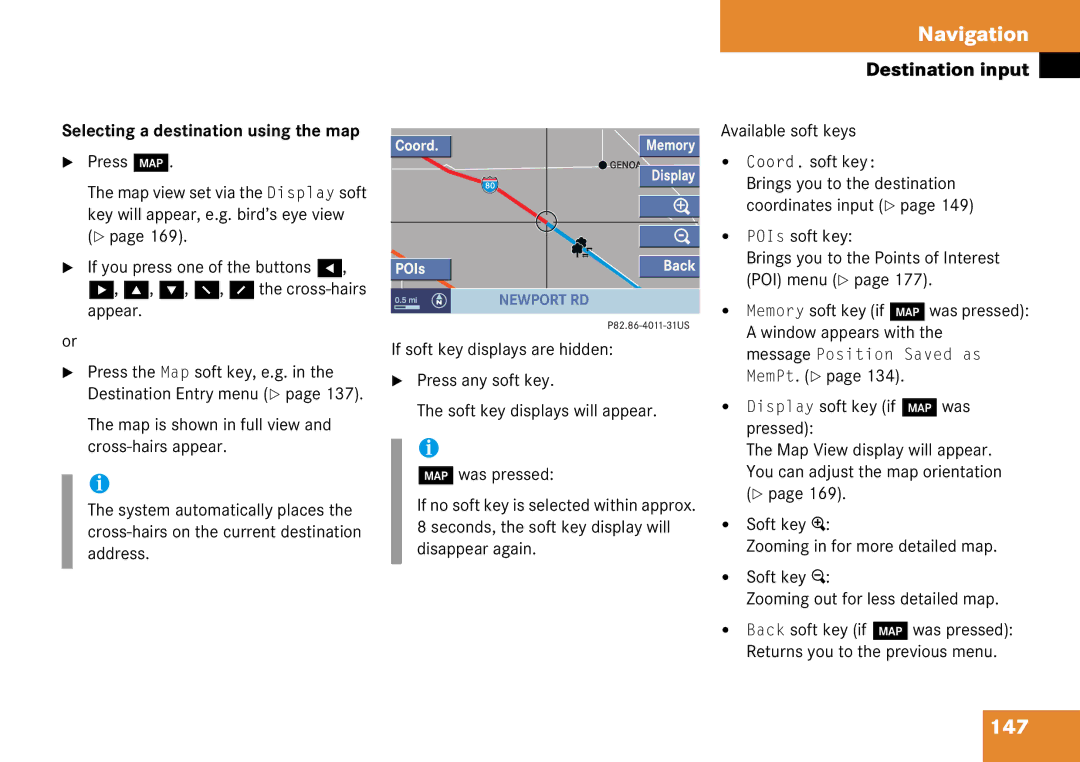 Mercedes-Benz 6515 6786 13 manual 147, Selecting a destination using the map 