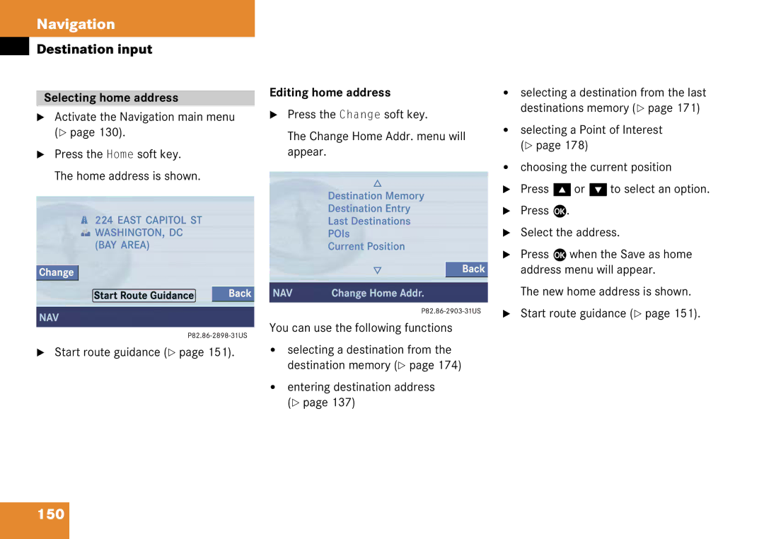 Mercedes-Benz 6515 6786 13 manual 150, Selecting home address, Editing home address 