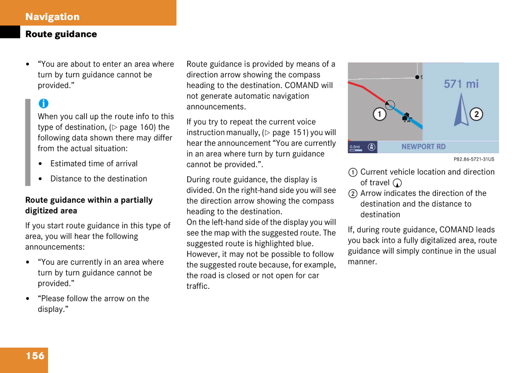 Mercedes-Benz 6515 6786 13 manual 156, Route guidance within a partially digitized area 