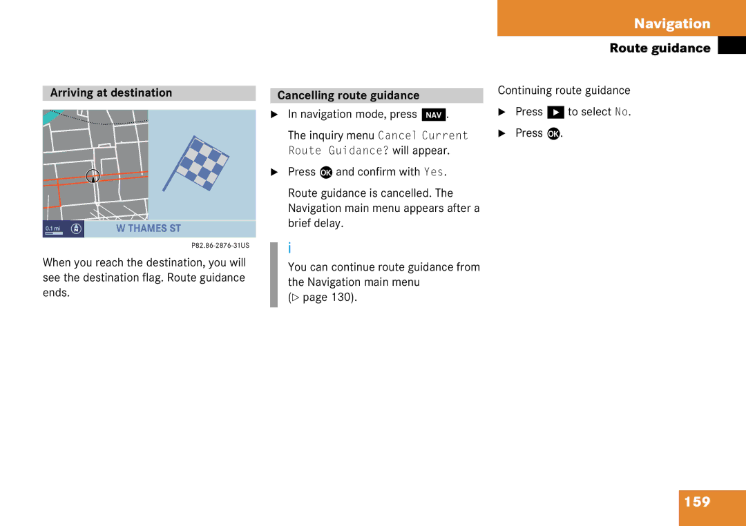 Mercedes-Benz 6515 6786 13 manual 159, Arriving at destination, Cancelling route guidance 