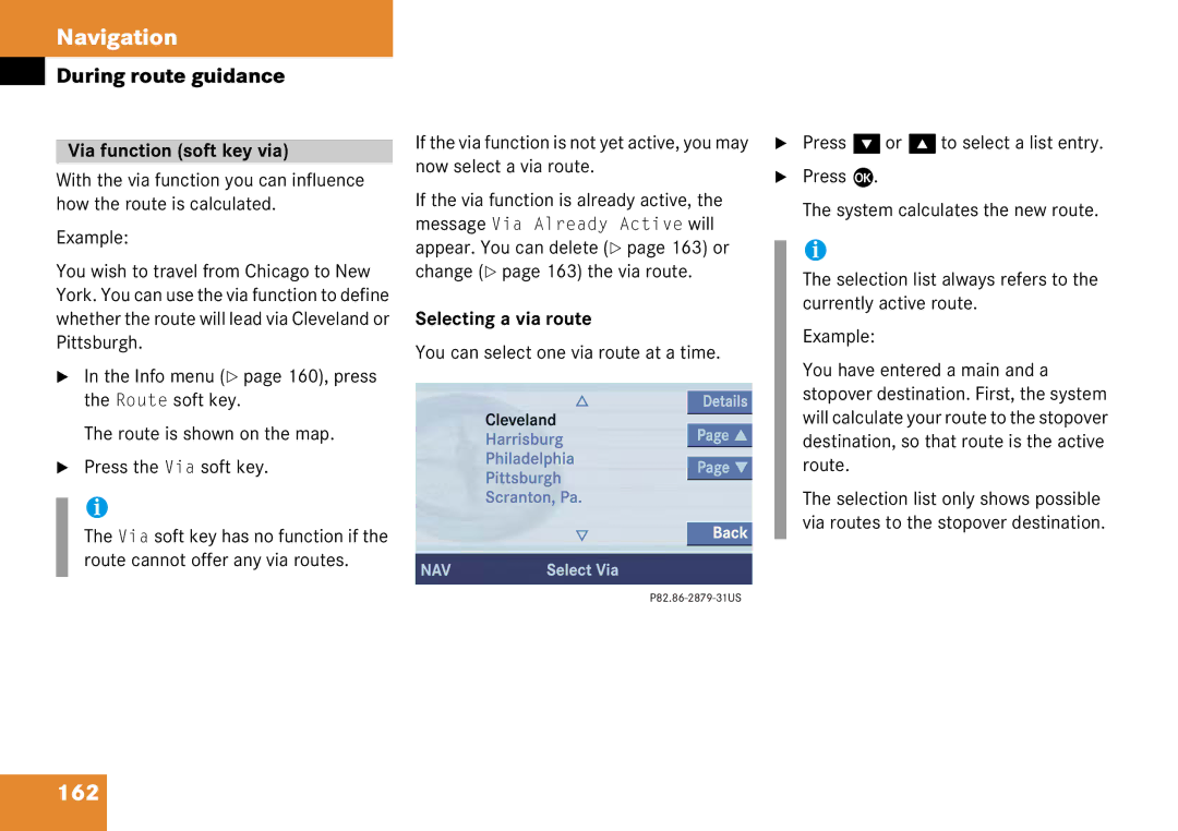 Mercedes-Benz 6515 6786 13 manual 162, Via function soft key via, Selecting a via route 