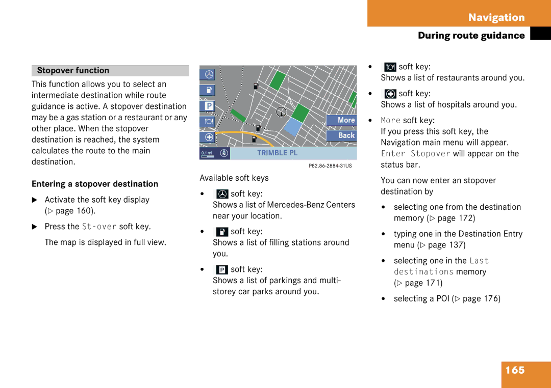 Mercedes-Benz 6515 6786 13 manual 165, Stopover function, Entering a stopover destination, Selecting a POI 